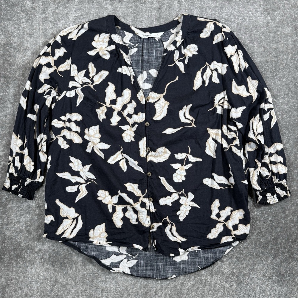 Sonoma Shirt Women's XL Blue 3/4 Sleeve Floral Button Front